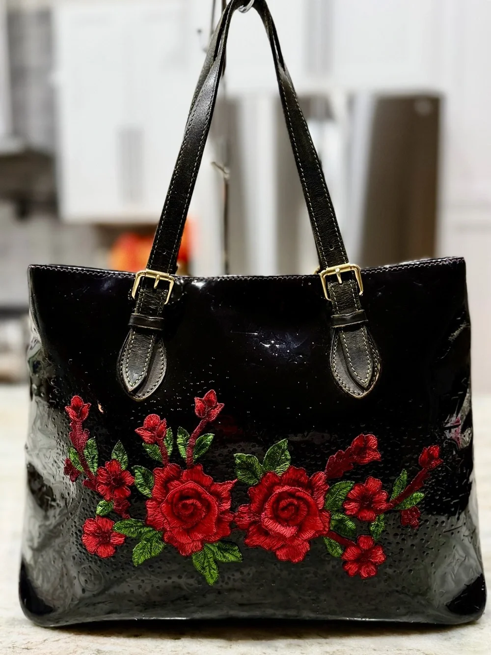 Louis Vuitton Authentic Black Vernis Leather Tote with Custom 3D Red Rose Motif